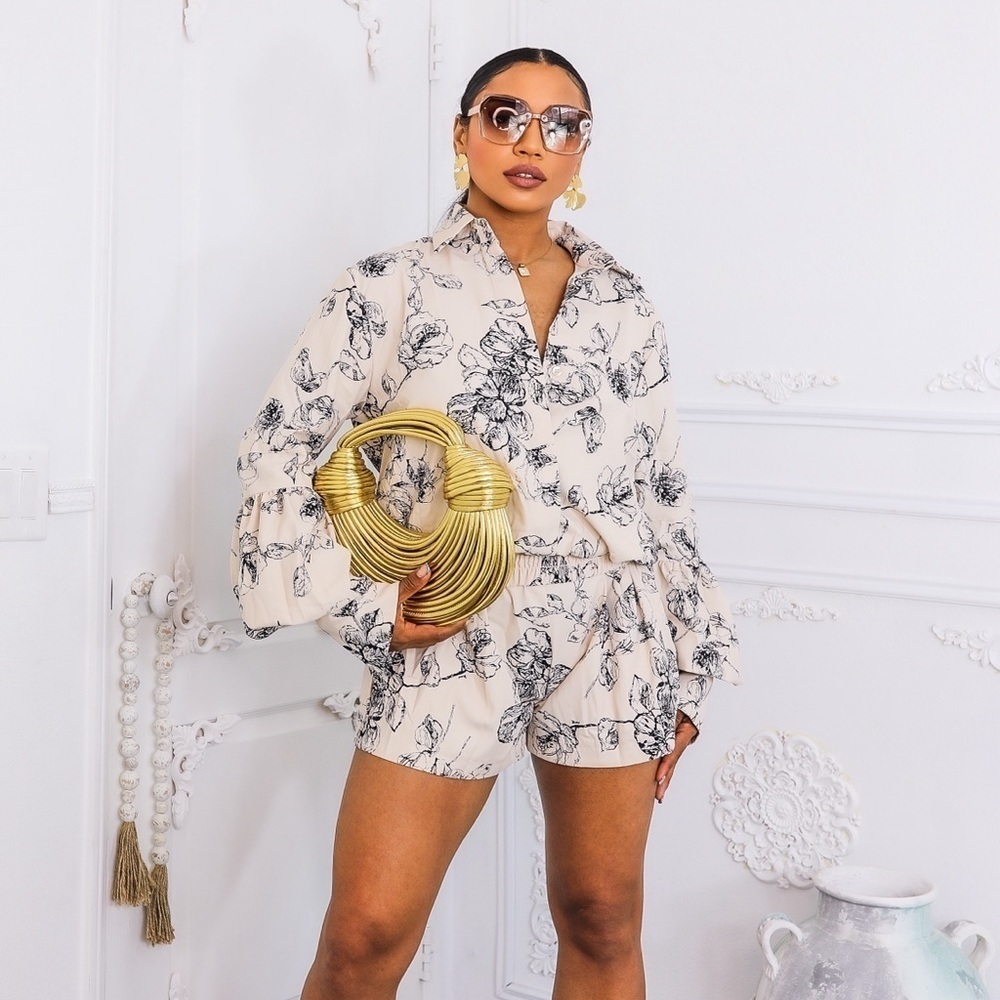 Floral Print Cream and Black Two-Piece Set